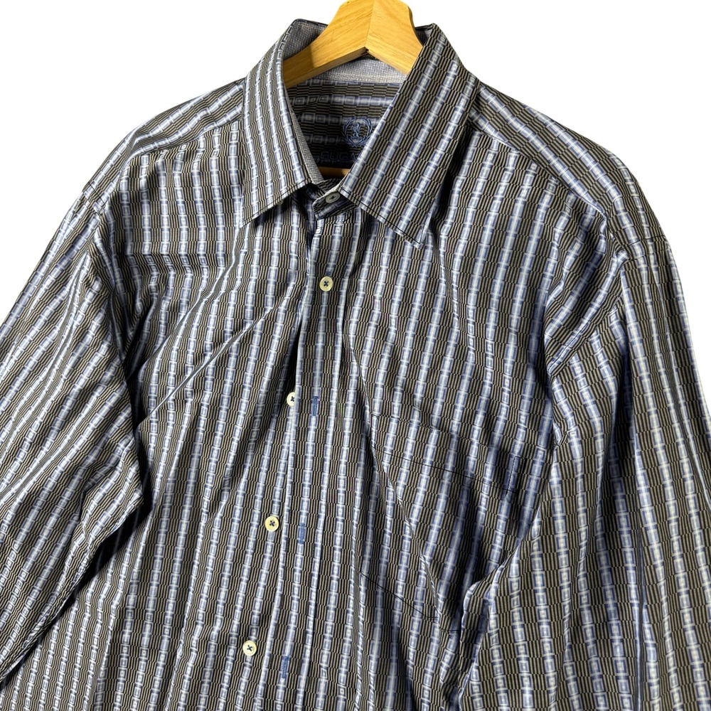 Bugatchi Uomo Mens Blue Gray Geometric Striped Long Sleeve Button Down Shirt L